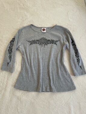 Y2K Harley-Davidson Tribal Graphic 3/4 Sleeve T-Shirt Size M Grunge Angel Wings